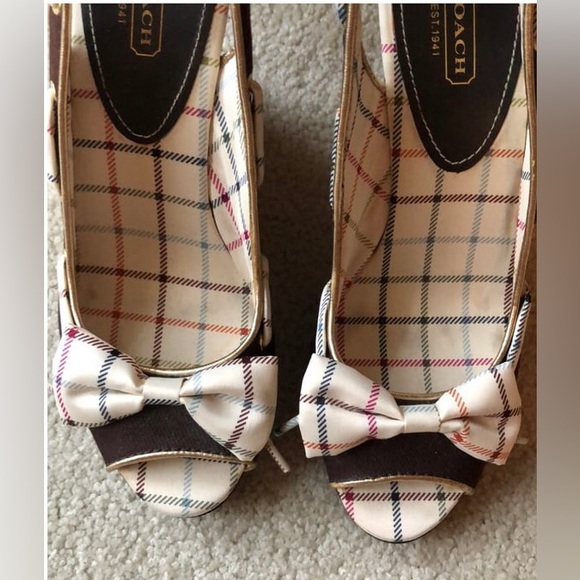 Brown cork Coach wedges with plaid ribbon detail. Comes with original box. - Picture 9 of 11
